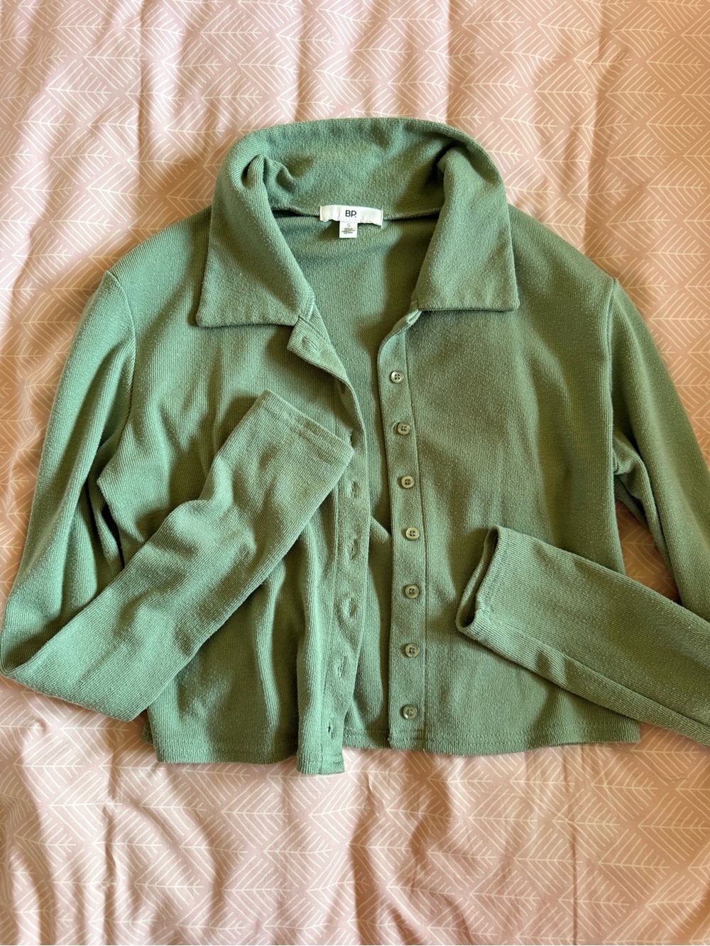 BP Green Button-Up Cropped Cardigan